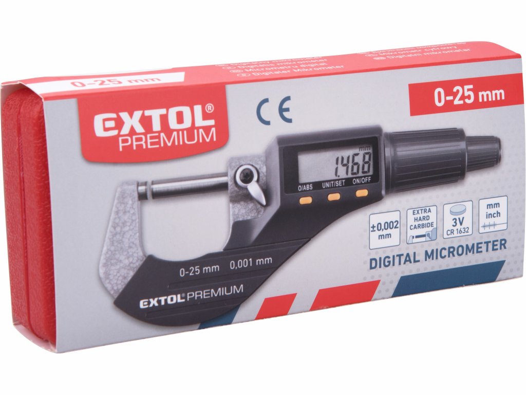 Mikrometer digitálny, 0-25mm, plastové puzdro, EXTOL PREMIUM