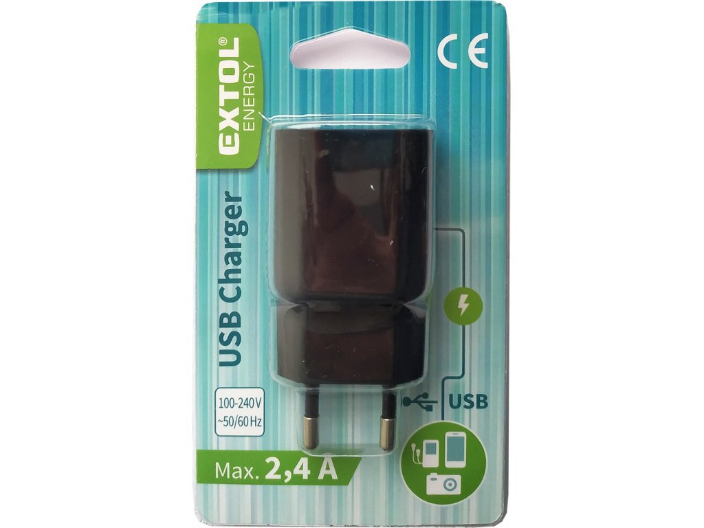 Nabíjačka USB, 100-240V, výstup 5V/2,4, 100-240V, 1xUSB (2,4A/12W), EXTOL ENERGY