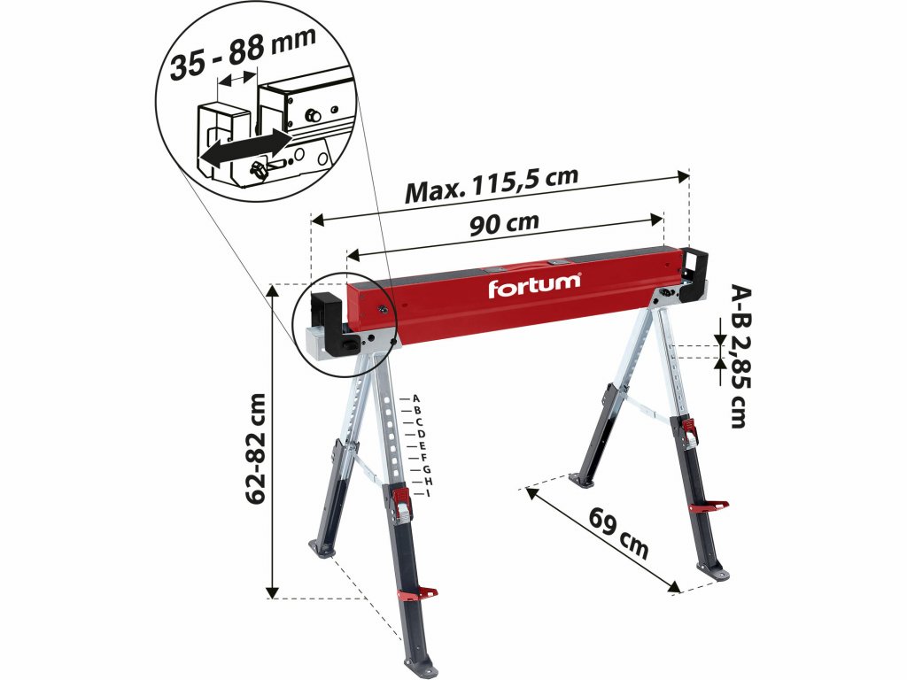 Podstavec pracovný skladací, kovový, 590kg, nastaviteľná výška 61,5-82cm, FORTUM