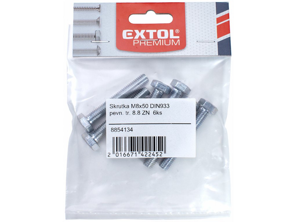 Skrutka DIN933 pevnostná tr. 8.8 ZN, 2ks, M12x80, EXTOL PREMIUM