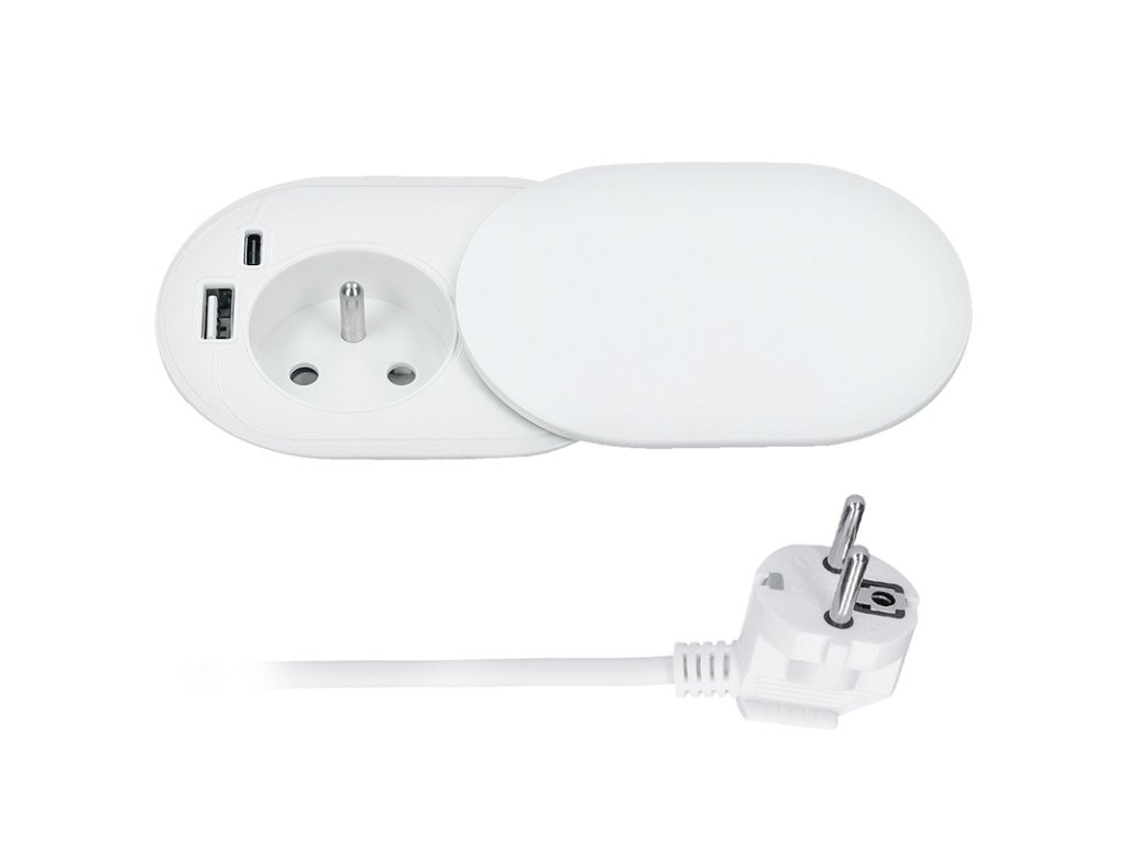 Solight 1z + USB A+C 20W PD vstavaná zásuvka s posuvným viečkom, 2m, matná biela