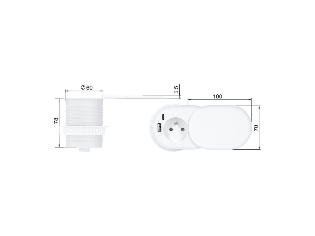 Solight 1z + USB A+C 20W PD vstavaná zásuvka s posuvným viečkom, 2m, matná biela