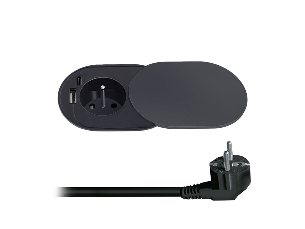 Solight 1z + USB A+C 20W PD vstavaná zásuvka s posuvným viečkom, 2m, matná čierna