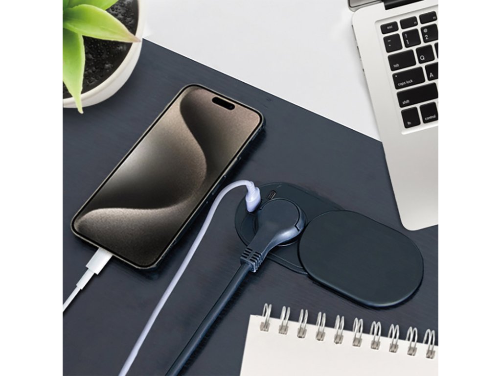 Solight 1z + USB A+C 20W PD vstavaná zásuvka s posuvným viečkom, 2m, matná čierna