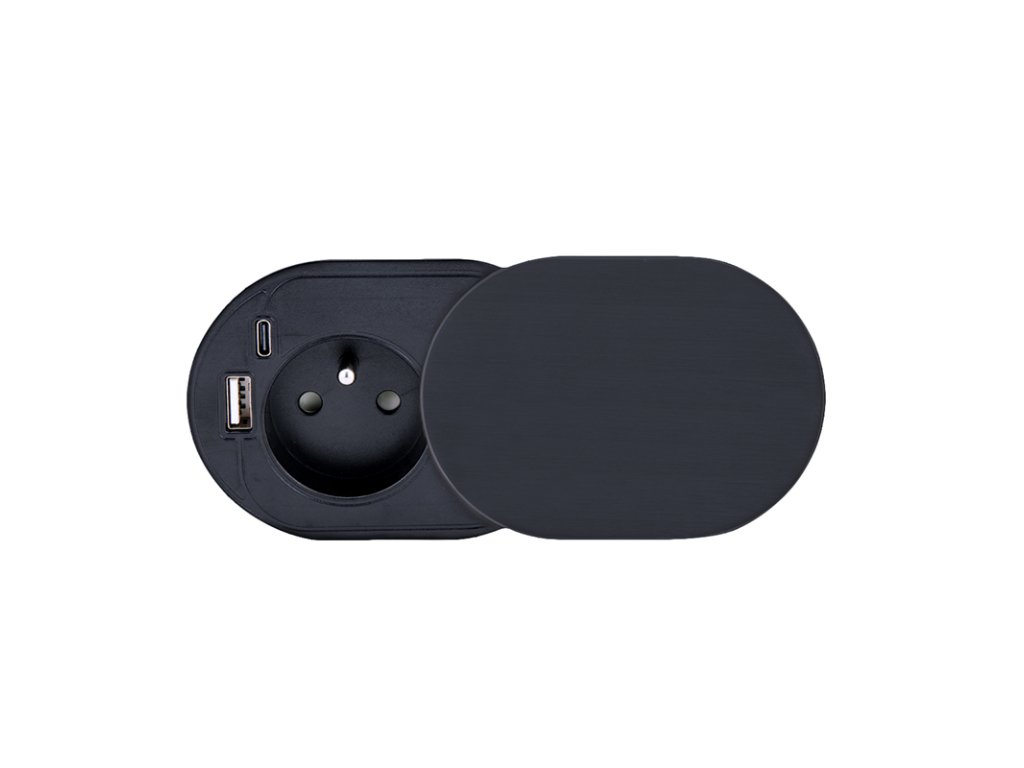 Solight 1z + USB A+C 20W PD vstavaná zásuvka s posuvným viečkom, 2m, matná čierna