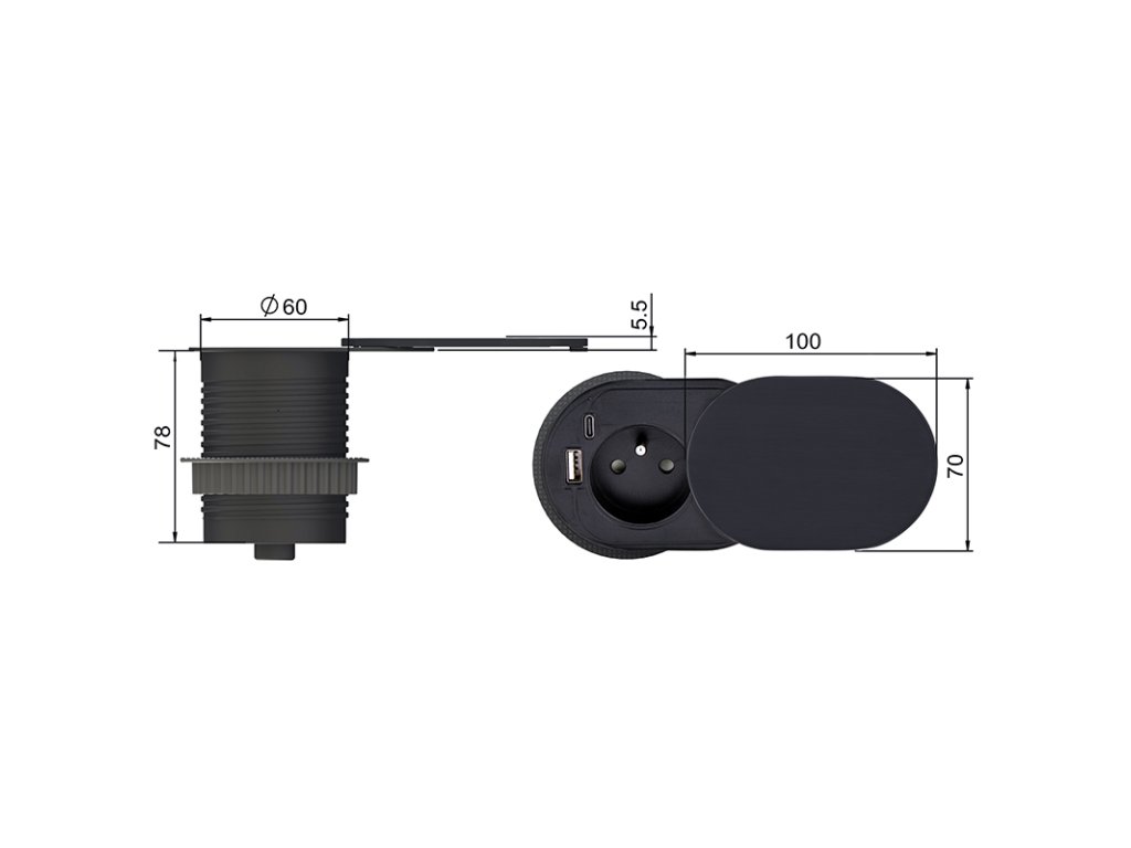 Solight 1z + USB A+C 20W PD vstavaná zásuvka s posuvným viečkom, 2m, matná čierna
