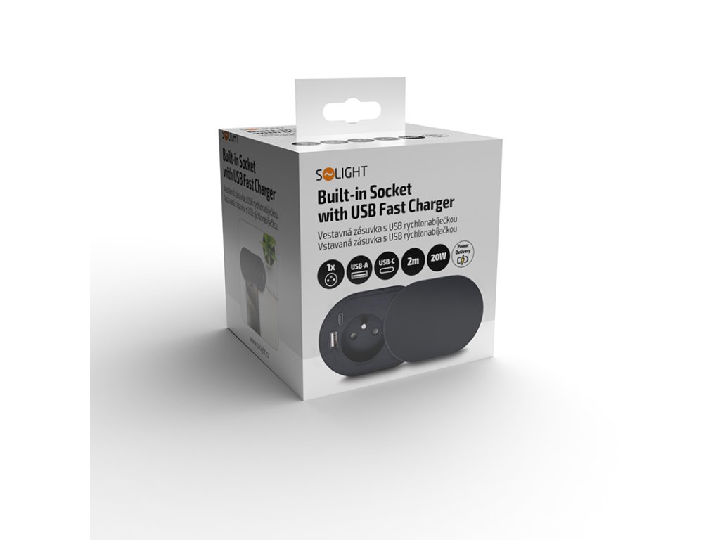 Solight 1z + USB A+C 20W PD vstavaná zásuvka s posuvným viečkom, 2m, matná čierna