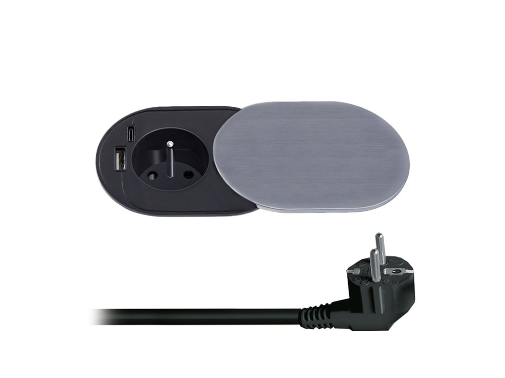 Solight 1z + USB A+C 20W PD vstavaná zásuvka s posuvným viečkom, 2m, strieborná
