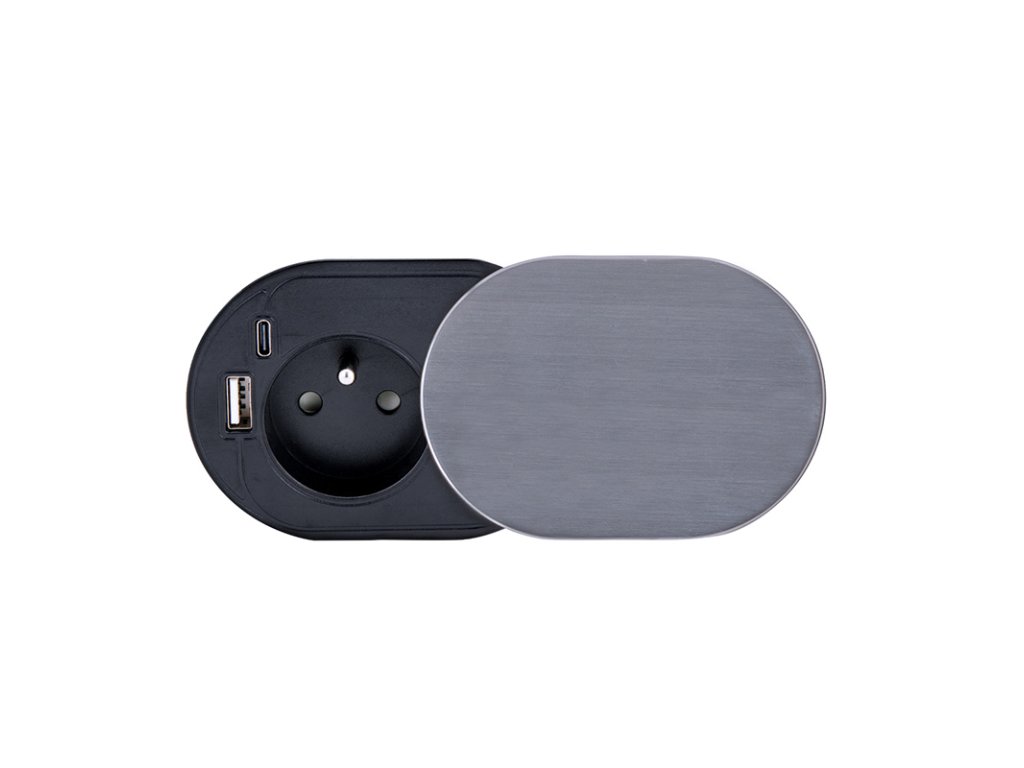 Solight 1z + USB A+C 20W PD vstavaná zásuvka s posuvným viečkom, 2m, strieborná