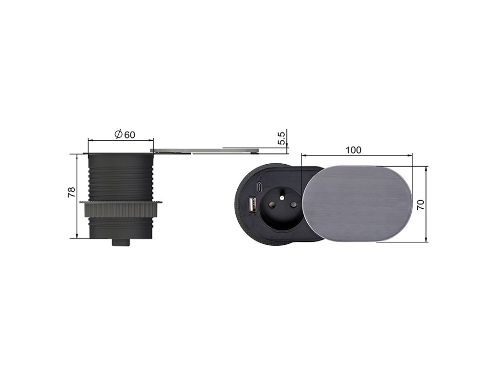 Solight 1z + USB A+C 20W PD vstavaná zásuvka s posuvným viečkom, 2m, strieborná