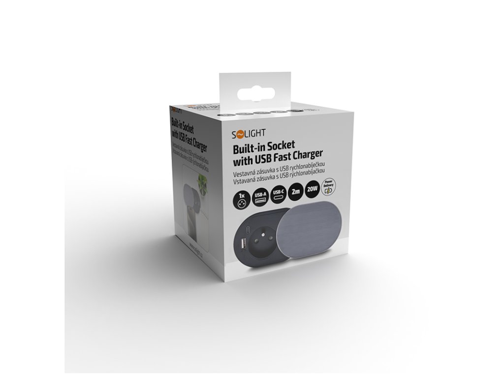 Solight 1z + USB A+C 20W PD vstavaná zásuvka s posuvným viečkom, 2m, strieborná