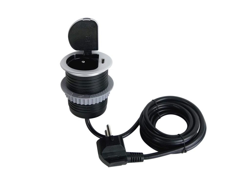 Solight 1z + USB-C 20W PD vstavaná zásuvka, 2m, strieborná