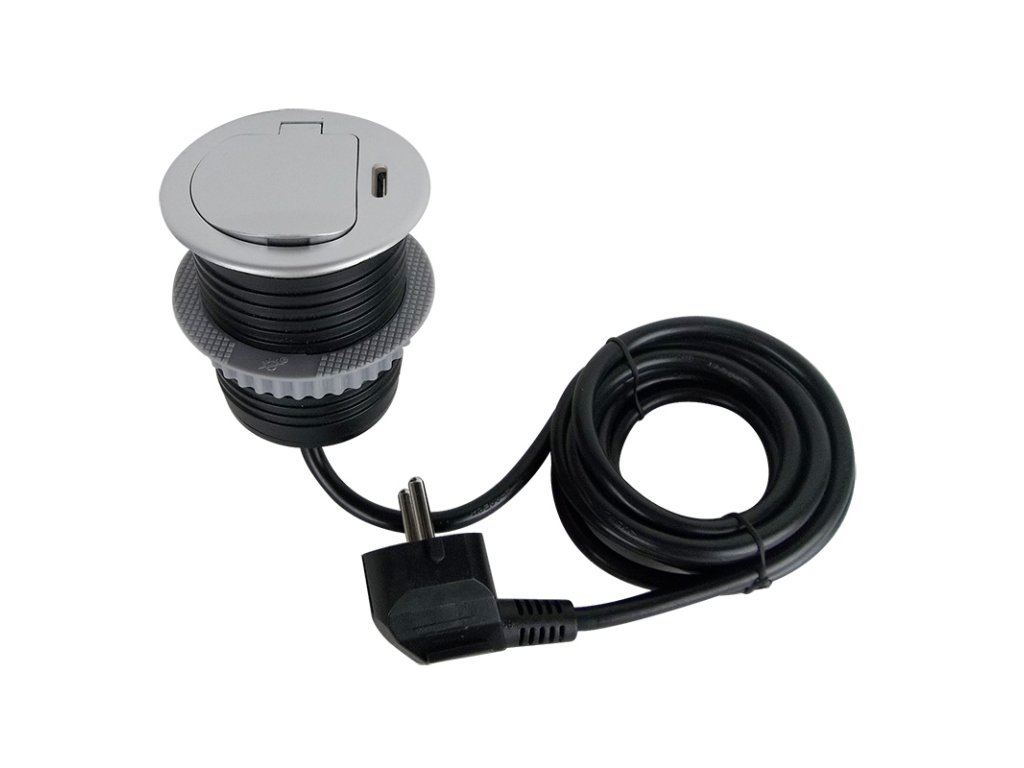 Solight 1z + USB-C 20W PD vstavaná zásuvka, 2m, strieborná