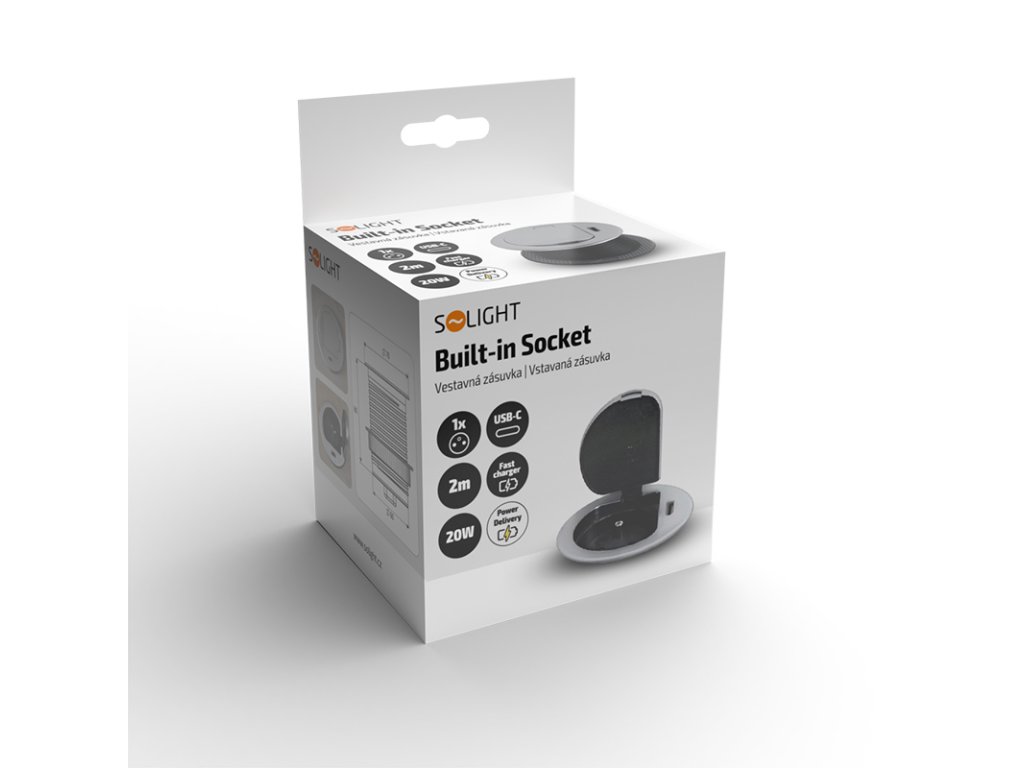 Solight 1z + USB-C 20W PD vstavaná zásuvka, 2m, strieborná