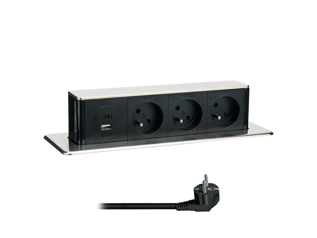 Solight 3z + USB A+C 20W PD výsuvný blok zásuviek, 2m, nerez oceľ