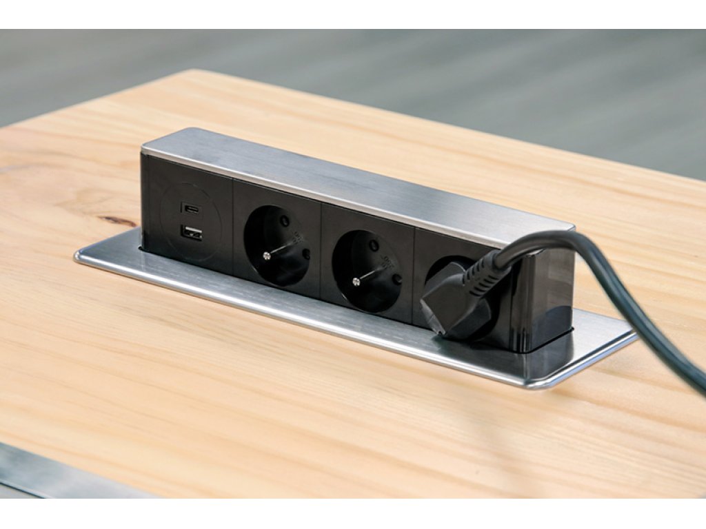 Solight 3z + USB A+C 20W PD výsuvný blok zásuviek, 2m, nerez oceľ