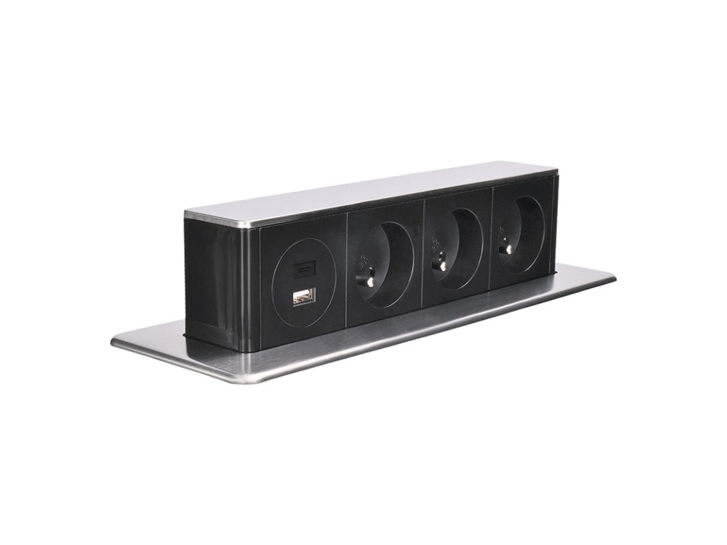 Solight 3z + USB A+C 20W PD výsuvný blok zásuviek, 2m, nerez oceľ