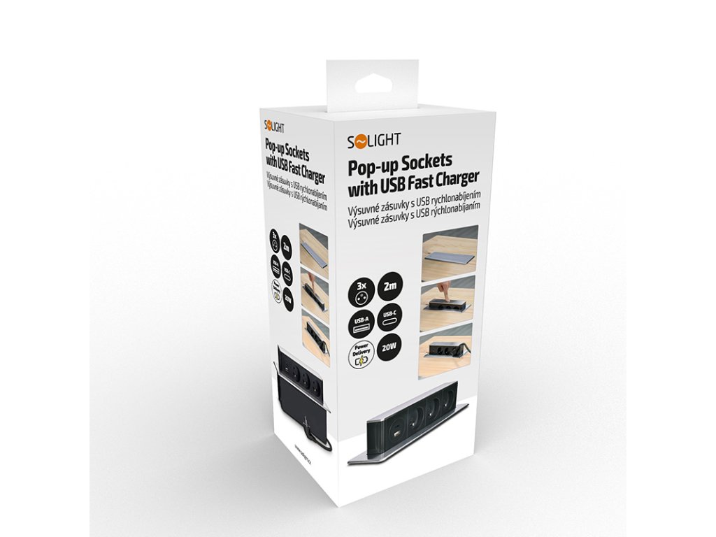 Solight 3z + USB A+C 20W PD výsuvný blok zásuviek, 2m, nerez oceľ