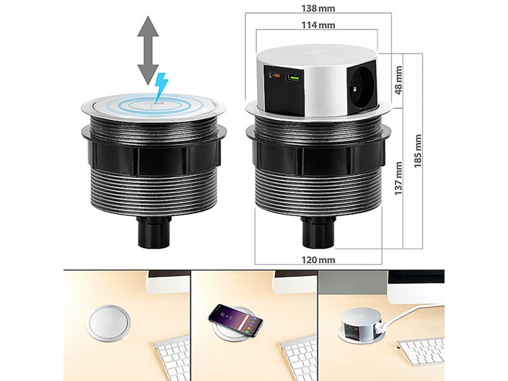 Solight 3z + USB A+C 20W PD, Wireless 10W, výsuvný blok zásuviek, 2m,  strieborný