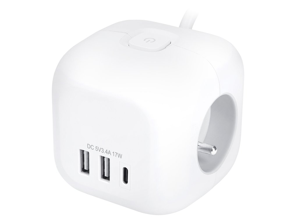 Solight 3z + USB A+C predlžovací prívod - kocka, 2m, 3 x 1mm2, biely, vypínač
