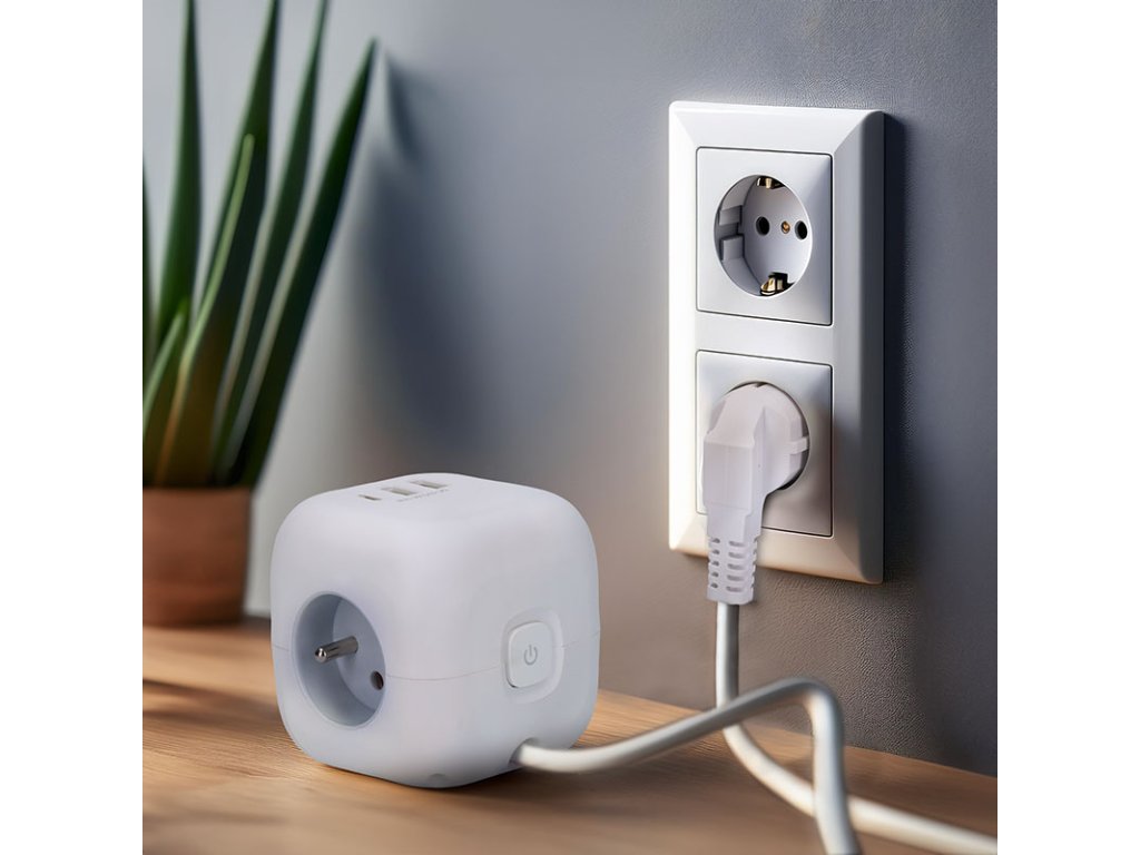 Solight 3z + USB A+C predlžovací prívod - kocka, 2m, 3 x 1mm2, biely, vypínač