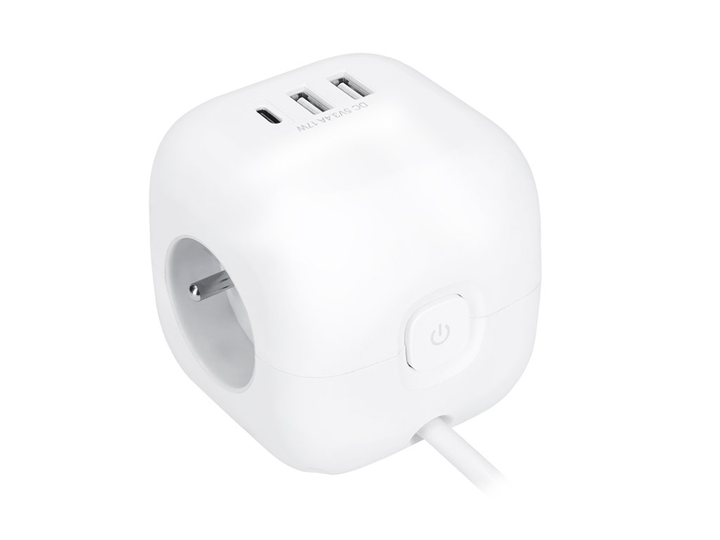 Solight 3z + USB A+C predlžovací prívod - kocka, 2m, 3 x 1mm2, biely, vypínač