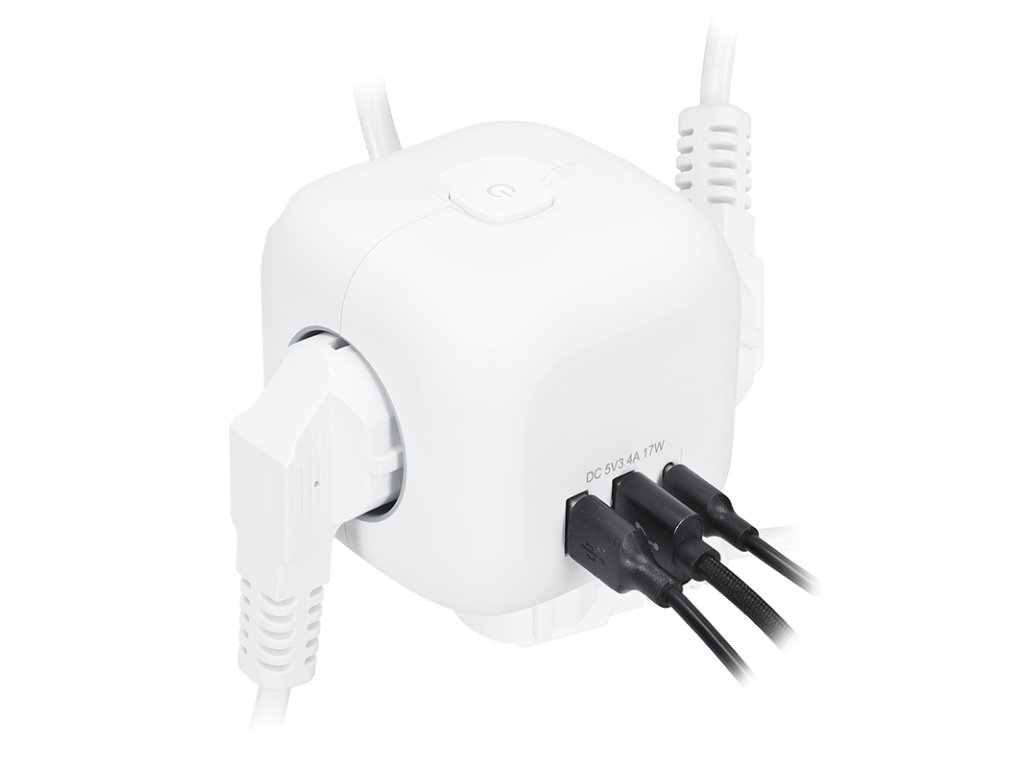 Solight 3z + USB A+C predlžovací prívod - kocka, 2m, 3 x 1mm2, biely, vypínač