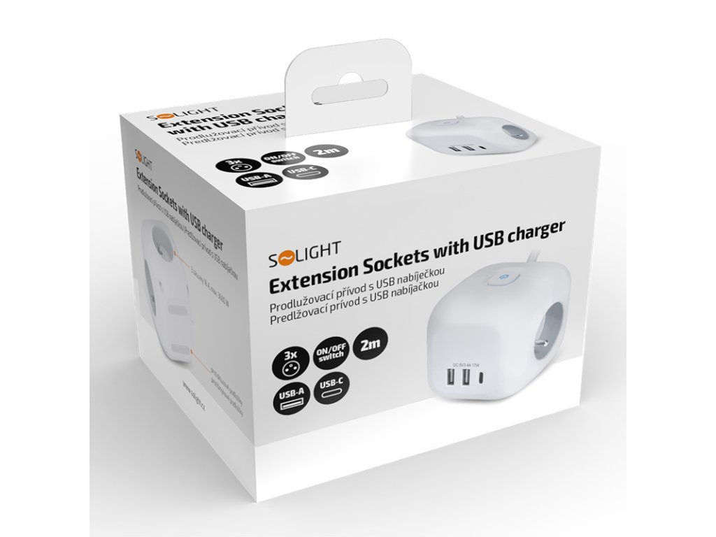 Solight 3z + USB A+C predlžovací prívod - kocka, 2m, 3 x 1mm2, biely, vypínač
