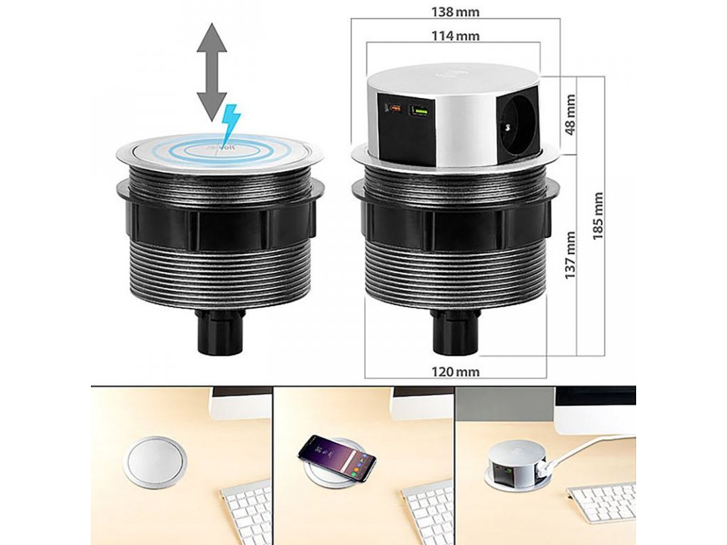 Solight 3z + USB A+C + Wireless 10W výsuvný blok zásuviek, kruhový tvar, predlžovací prívod 2m, 3 x 1,5mm2