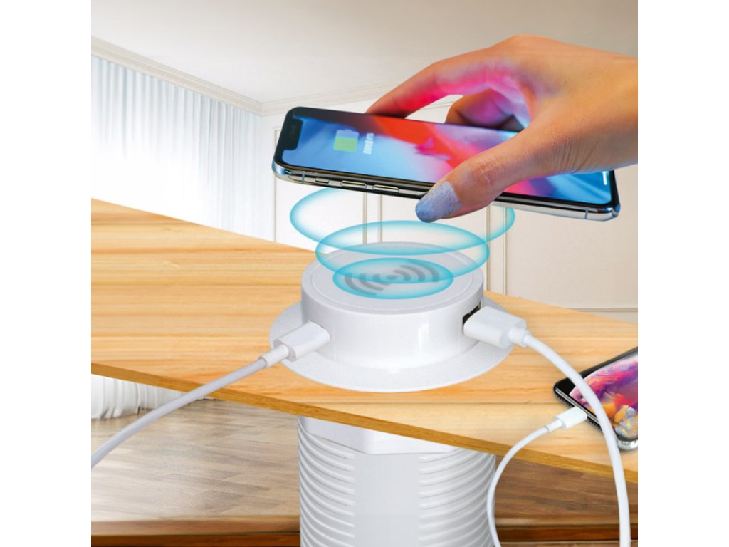 Solight bezdrôtová 15W + USB A+C 20W PD výsuvná nabíjačka, biela