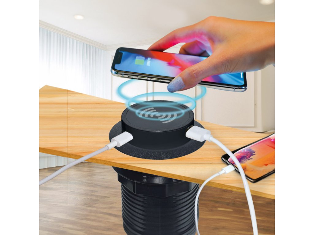 Solight bezdrôtová 15W + USB A+C 20W PD výsuvná nabíjačka, čierna