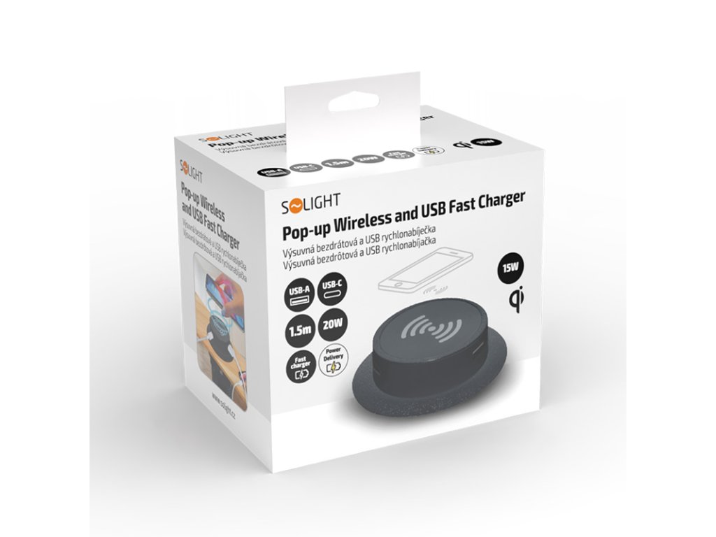 Solight bezdrôtová 15W + USB A+C 20W PD výsuvná nabíjačka, čierna