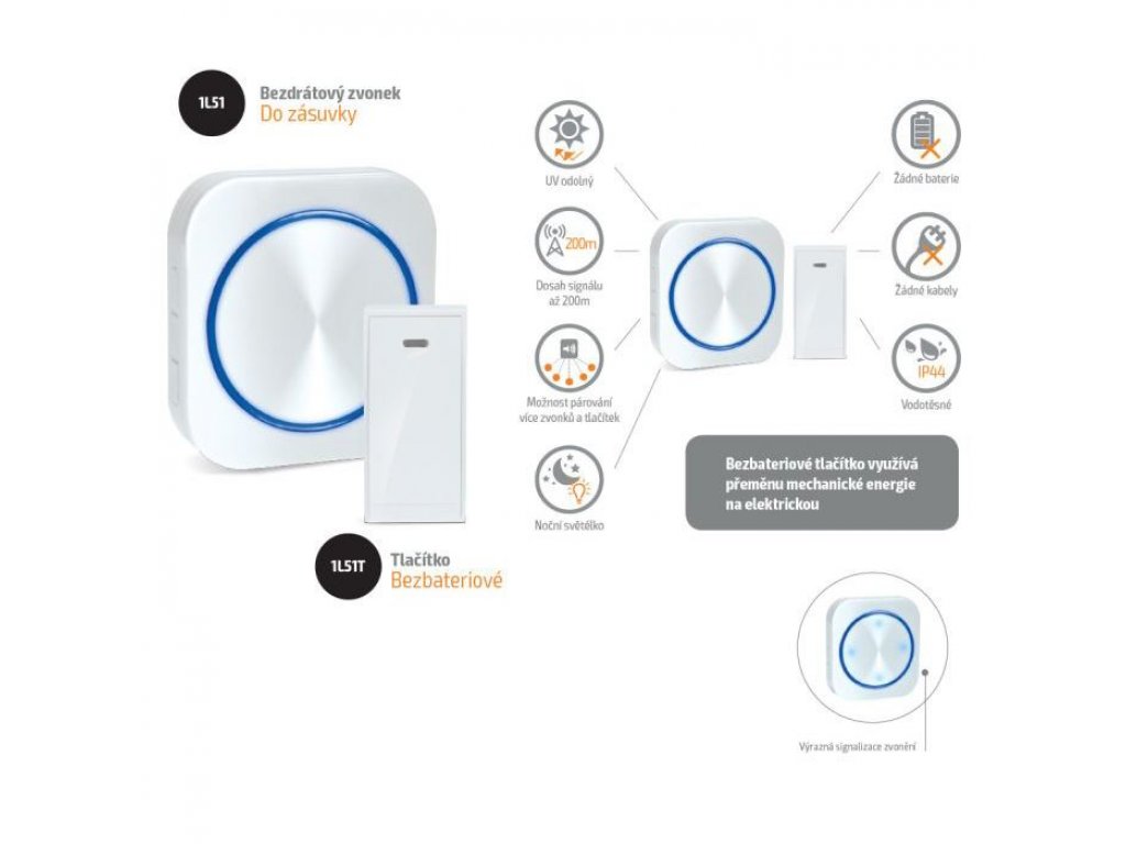 Solight bezdrôtový zvonček bezbatériový, do zásuvky, 150m, biely, learning code