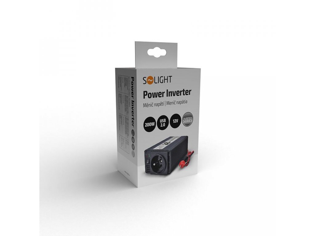 Solight invertor 12V, USB 500mA, kovový, čierny, max. zaťaženie: 200W