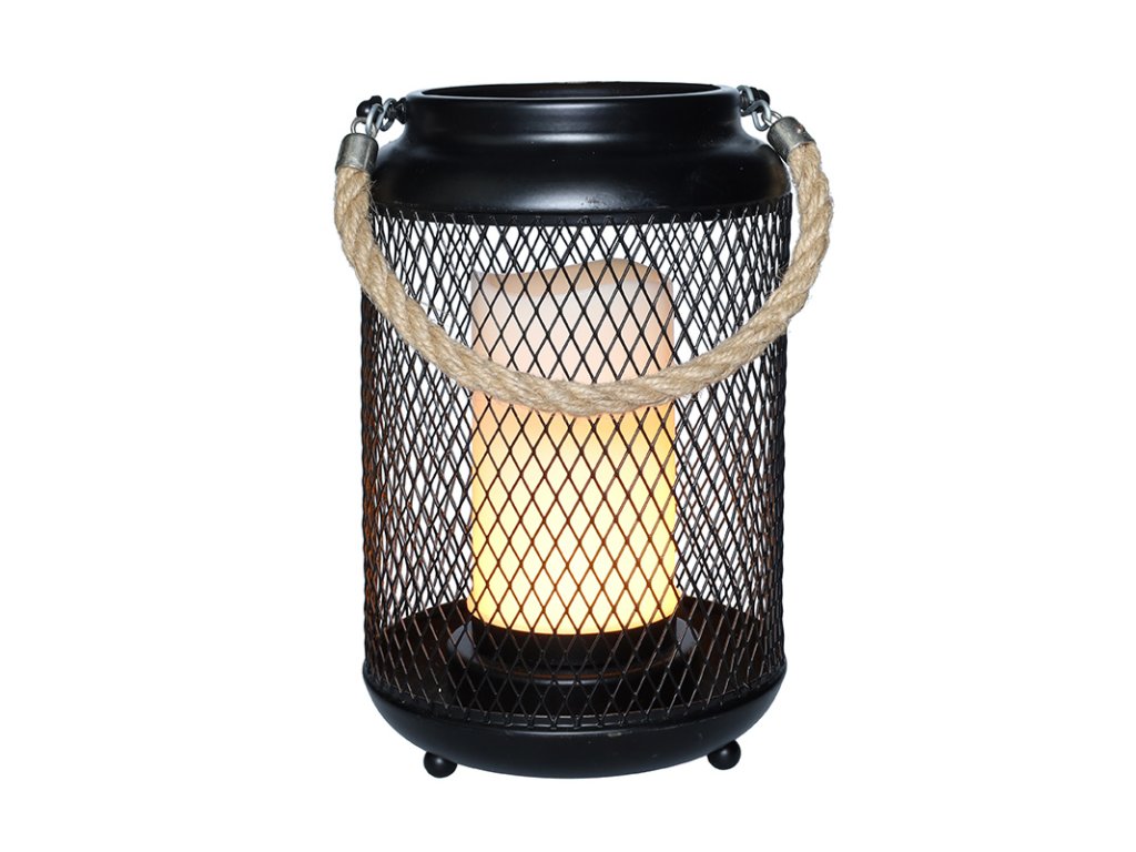 Solight kovový lampáš s LED sviečkou, teplá biela, 3xAA, čierna, 20cm