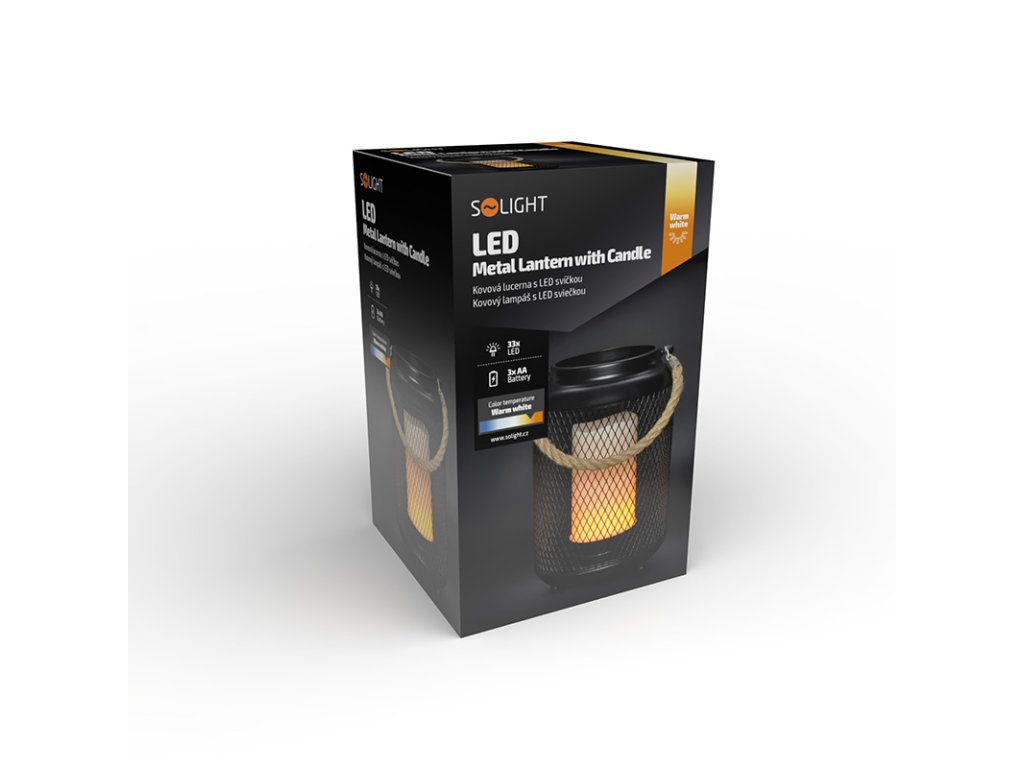 Solight kovový lampáš s LED sviečkou, teplá biela, 3xAA, čierna, 20cm
