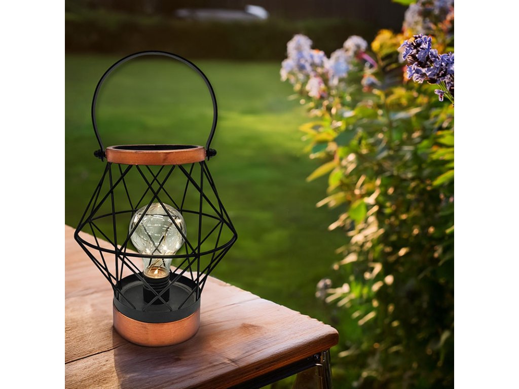 Solight kovový lampáš so žiarovkou s micro LED, teplá biela, 3xAA, 20cm