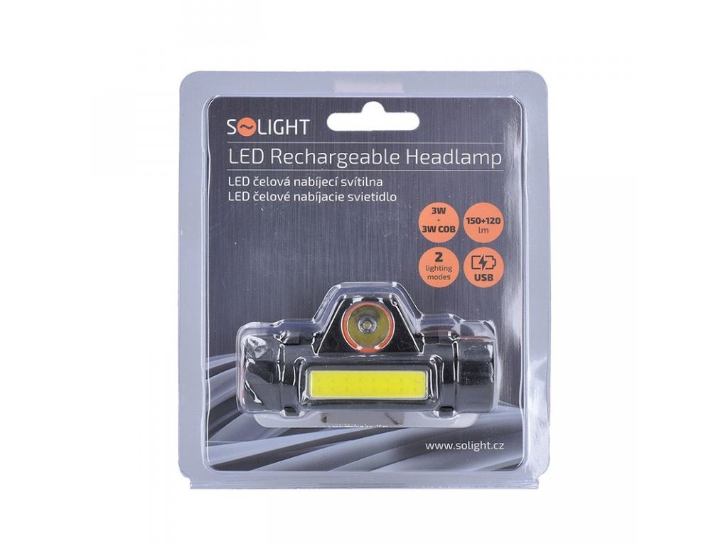 Solight LED čelové nabíjacie svietidlo, 3W + COB, 150lm + 120lm, Li-ion, USB