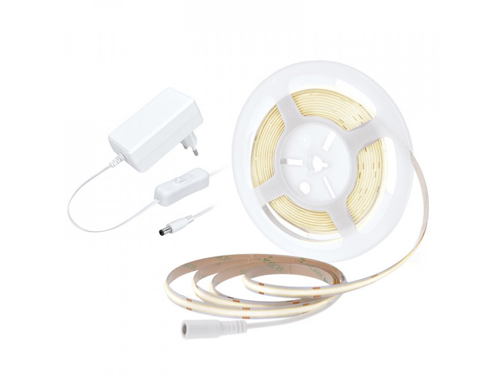 Solight LED COB pásik, sada s adaptérom, vypínač, 5m, 8W/m, 800lm/m, neutrálna biela