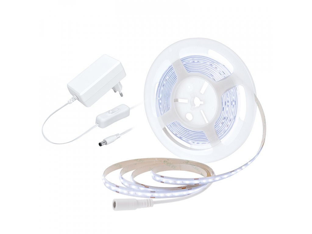 Solight LED COB pásik, sada s adaptérom, vypínač, 5m, 8W/m, 800lm/m, studená biela