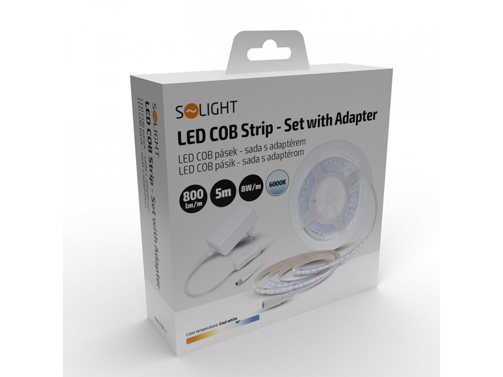 Solight LED COB pásik, sada s adaptérom, vypínač, 5m, 8W/m, 800lm/m, studená biela