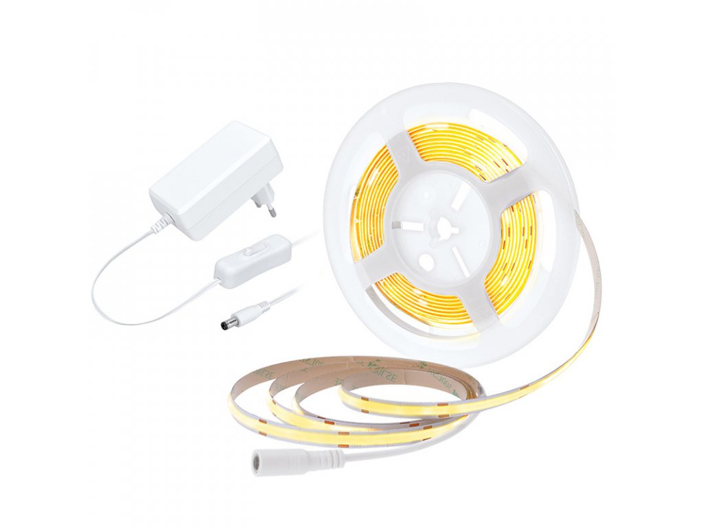 Solight LED COB pásik, sada s adaptérom, vypínač, 5m, 8W/m, 800lm/m, teplá biela