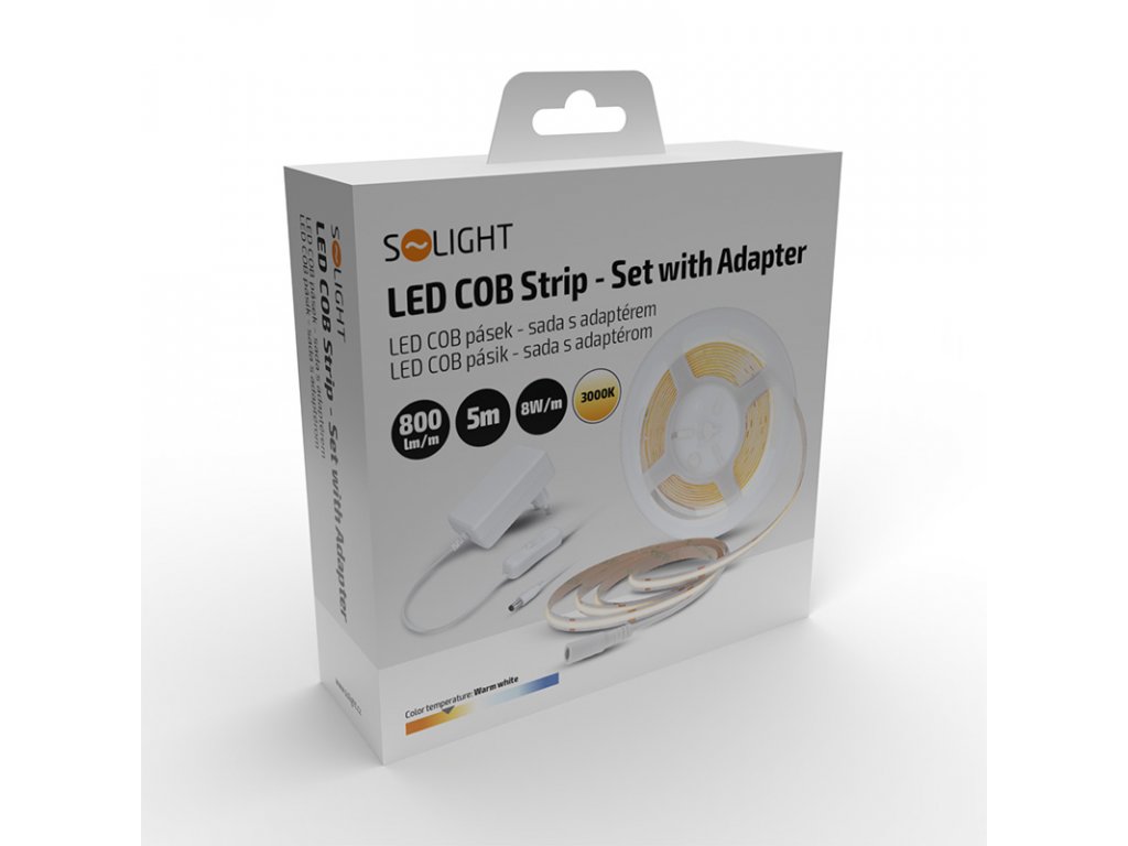 Solight LED COB pásik, sada s adaptérom, vypínač, 5m, 8W/m, 800lm/m, teplá biela