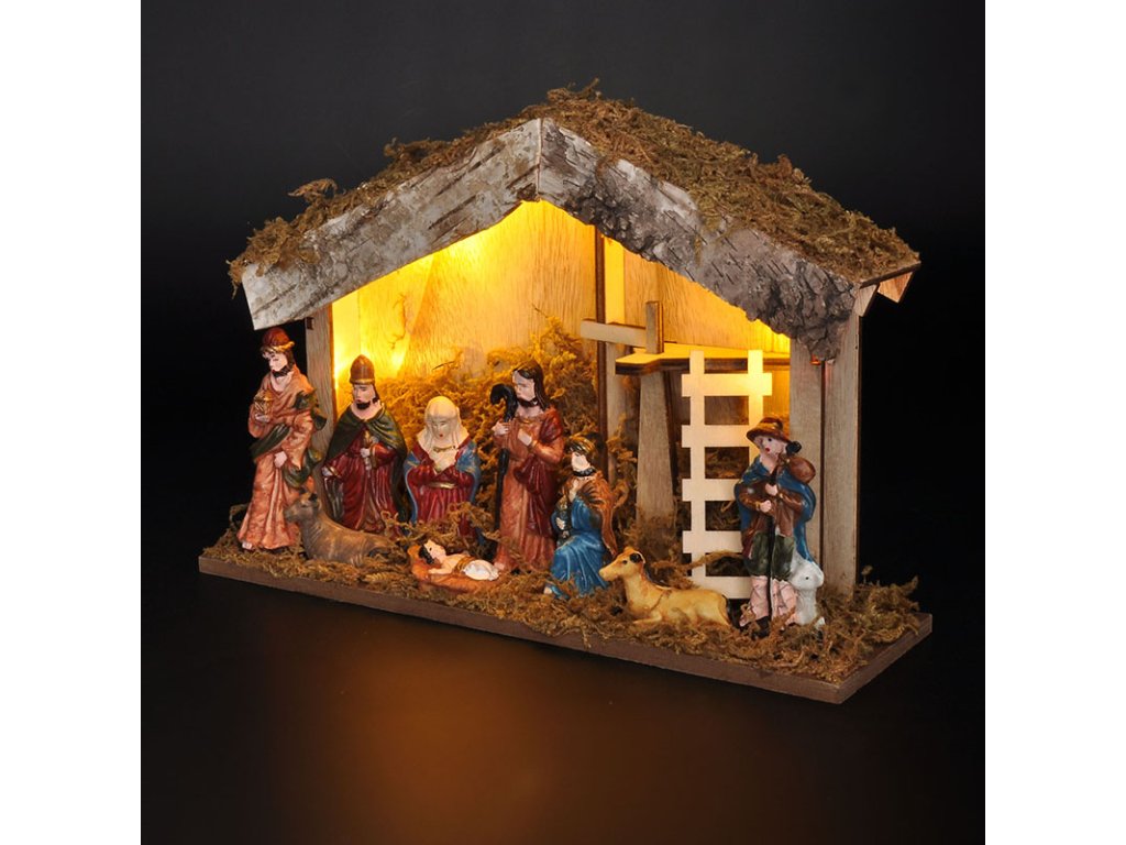 Solight LED drevený betlehem podsvietený, 26x17cm, 6x LED, 2x AA