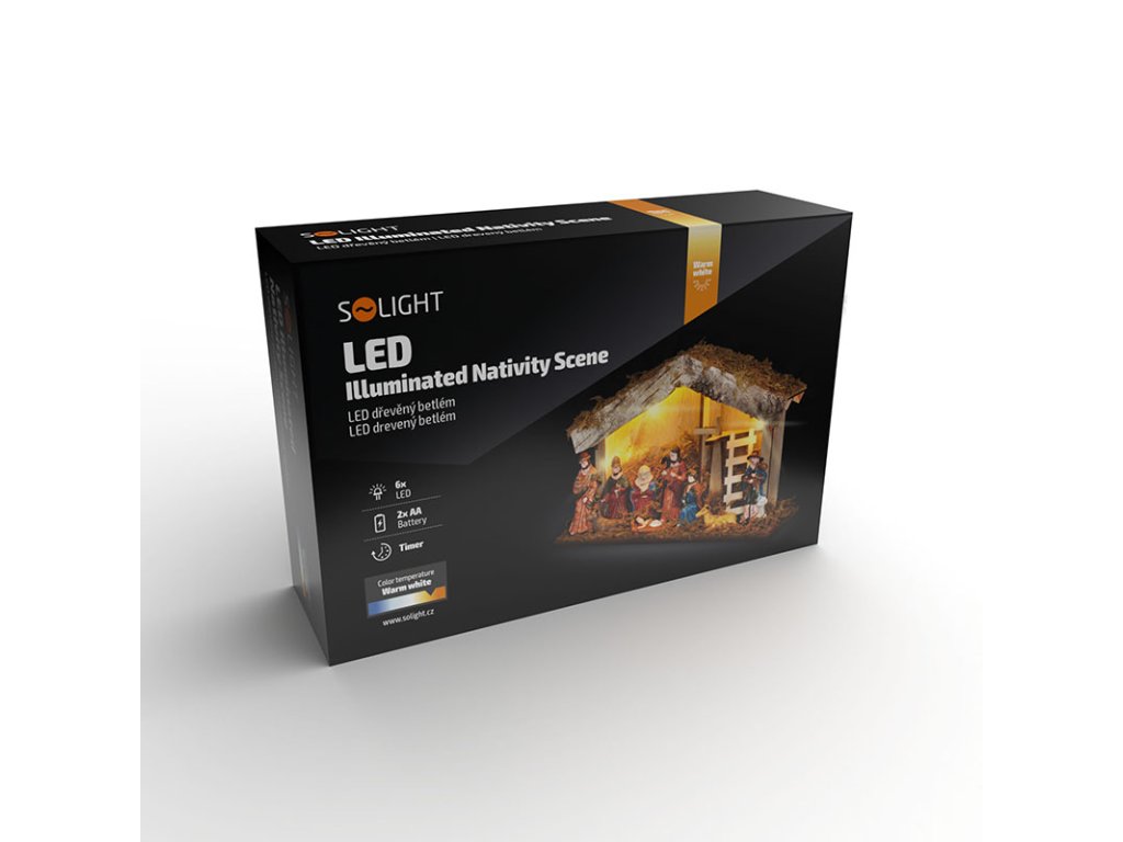 Solight LED drevený betlehem podsvietený, 26x17cm, 6x LED, 2x AA