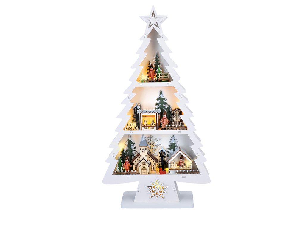Solight LED drevený vianočný stromek s dekoráciami, 13x LED, biela, 53cm, 2x AA