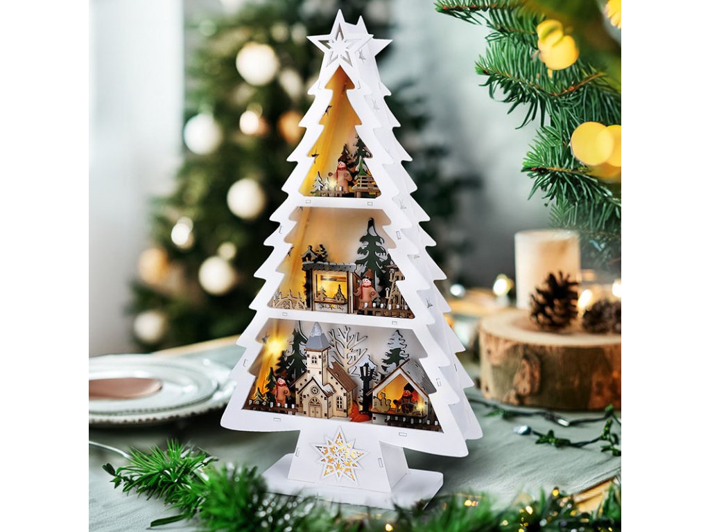 Solight LED drevený vianočný stromek s dekoráciami, 13x LED, biela, 53cm, 2x AA