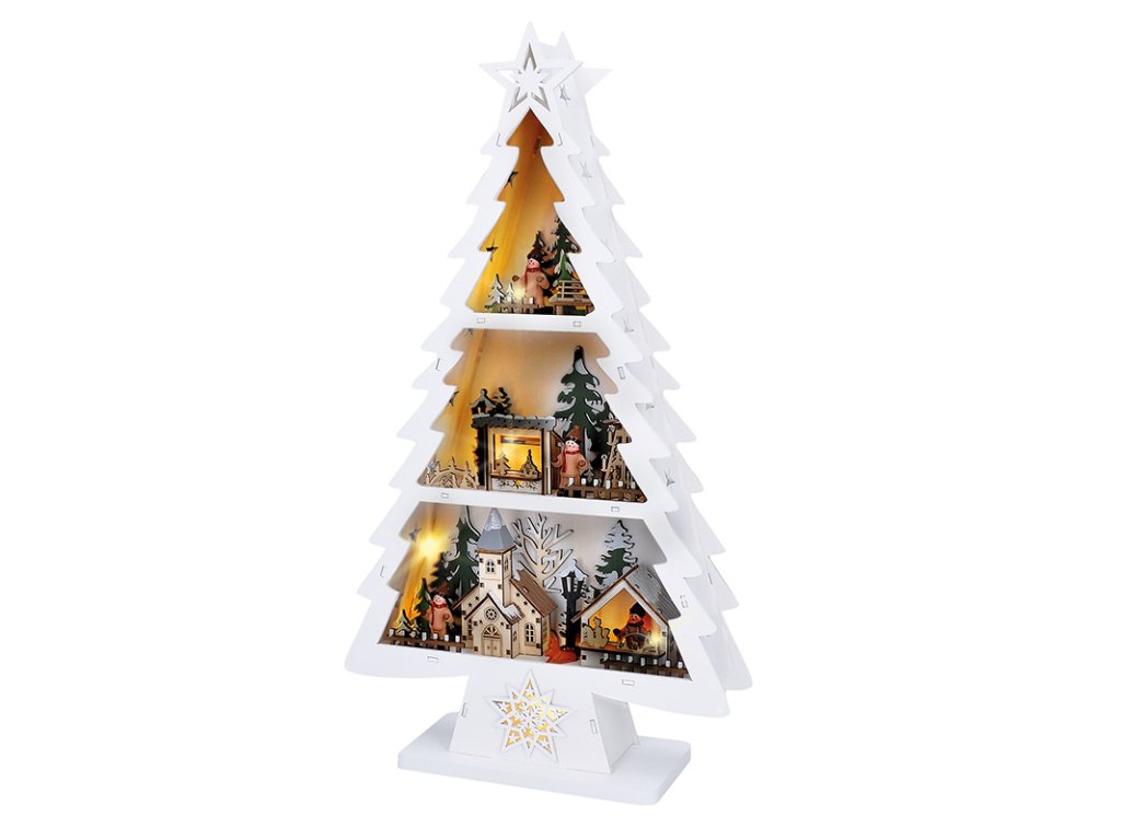Solight LED drevený vianočný stromek s dekoráciami, 13x LED, biela, 53cm, 2x AA