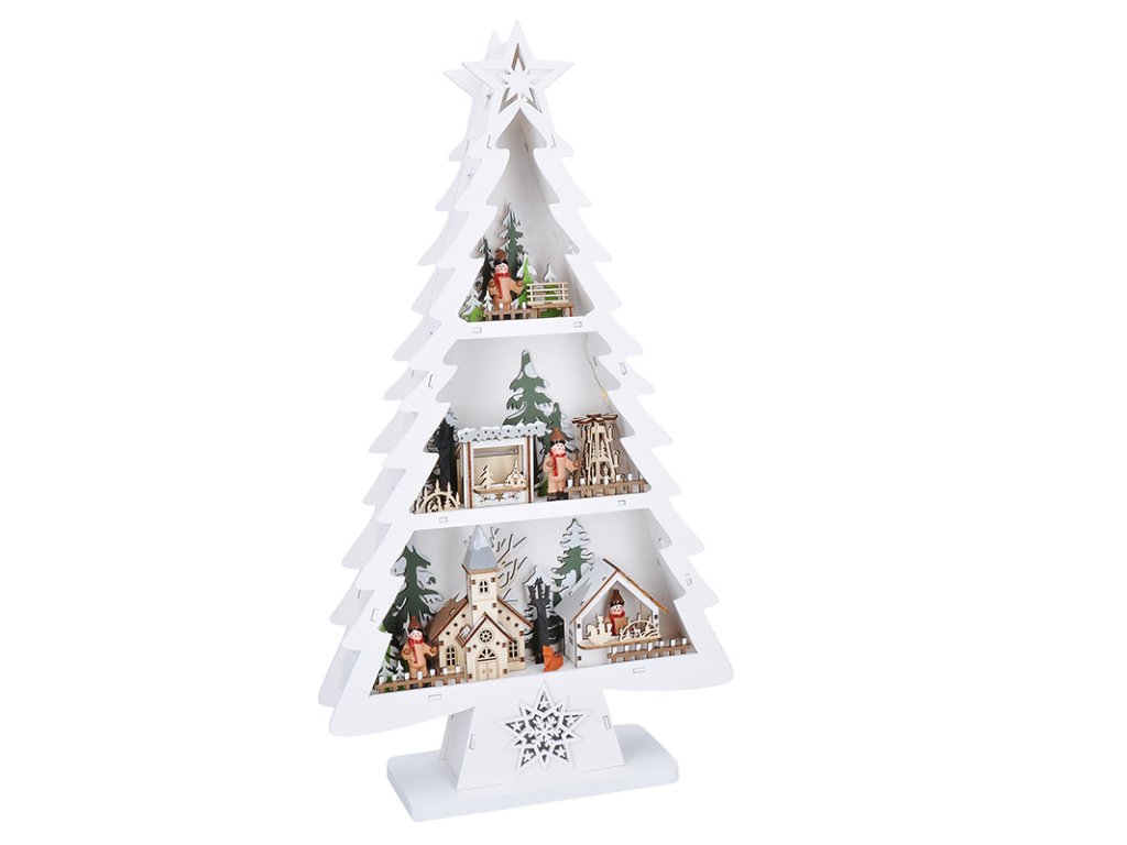 Solight LED drevený vianočný stromek s dekoráciami, 13x LED, biela, 53cm, 2x AA