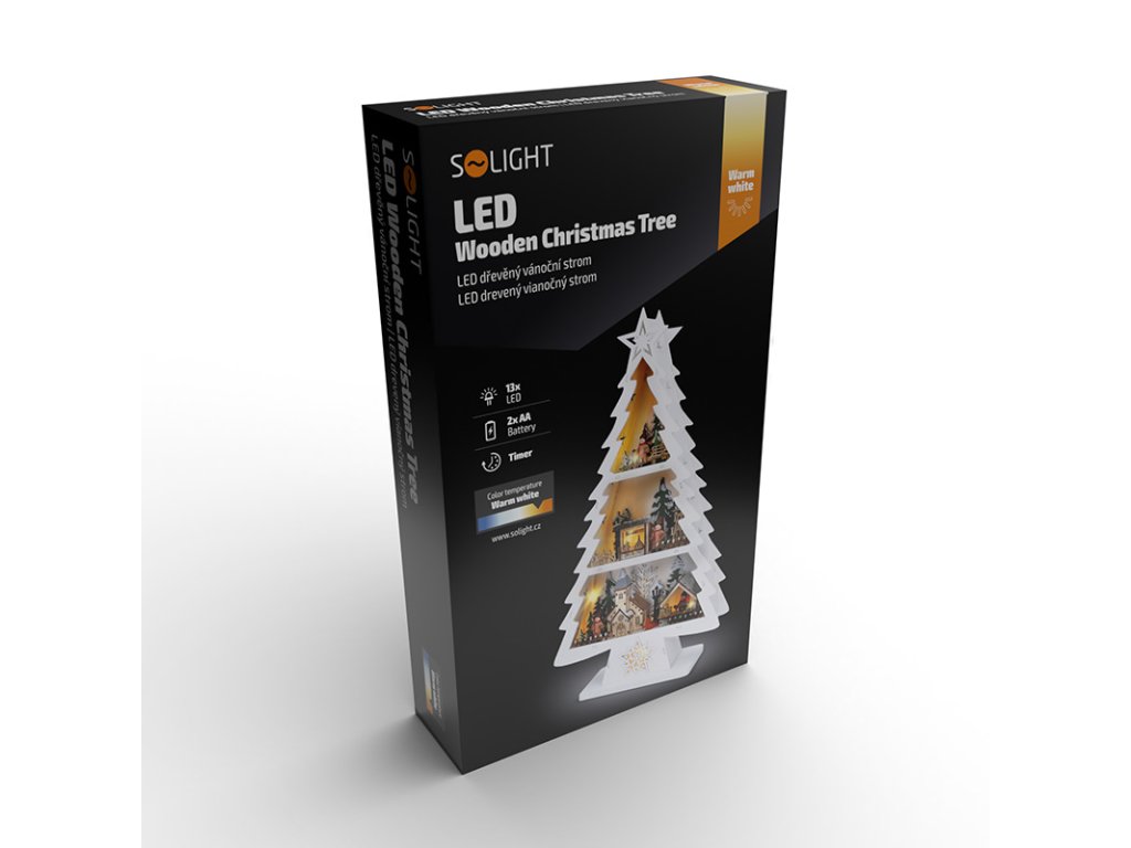 Solight LED drevený vianočný stromek s dekoráciami, 13x LED, biela, 53cm, 2x AA